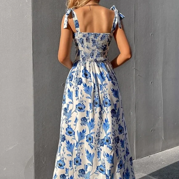 Women's Floral Print Tie Strap Square Neck Ruffle Boho Maxi Dress - Picture 3 of 7